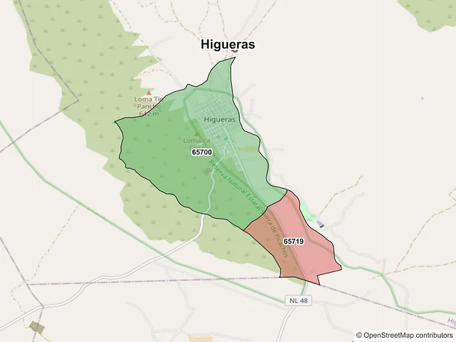 Mapa de códigos postales de Higueras, Nuevo León