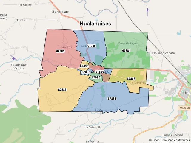 Mapa de códigos postales de Hualahuises, Nuevo León