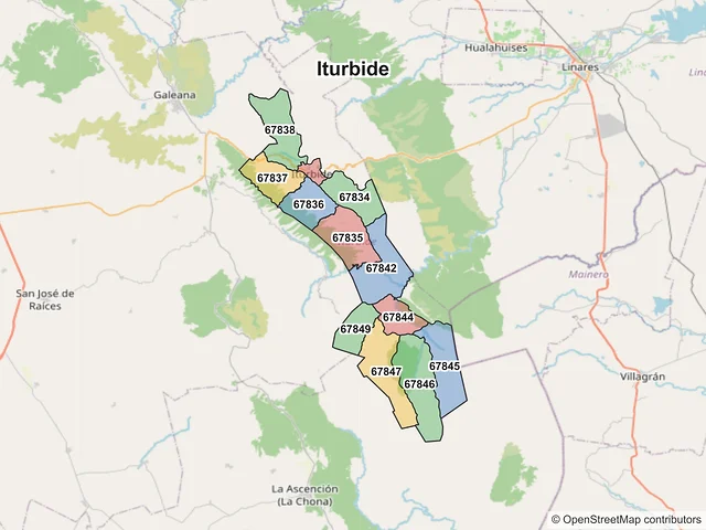 Mapa de códigos postales de Iturbide, Nuevo León
