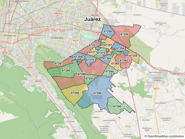 Mapa de códigos postales de Juárez, Nuevo León