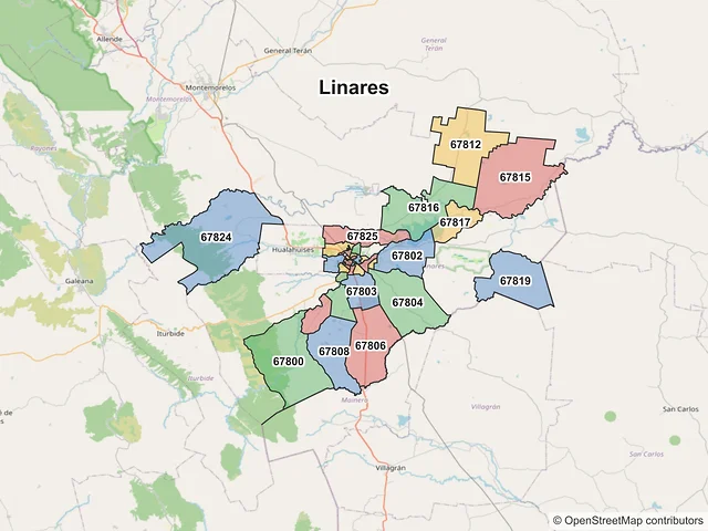 Mapa de códigos postales de Linares, Nuevo León