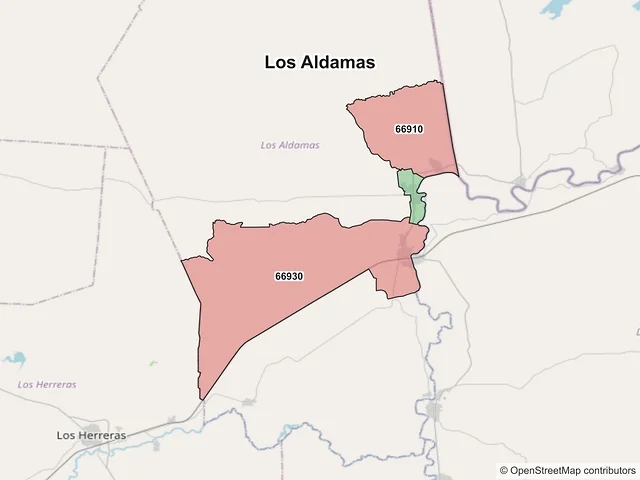 Mapa de códigos postales de Los Aldamas, Nuevo León