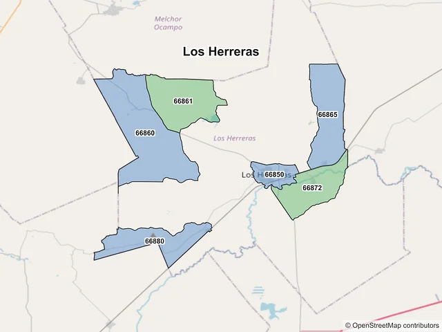 Mapa de códigos postales de Los Herreras, Nuevo León