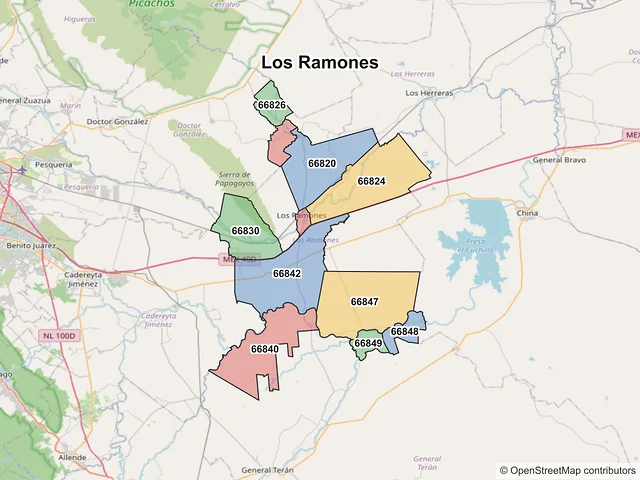 Mapa de códigos postales de Los Ramones, Nuevo León