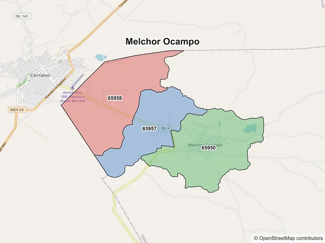 Mapa de códigos postales de Melchor Ocampo, Nuevo León