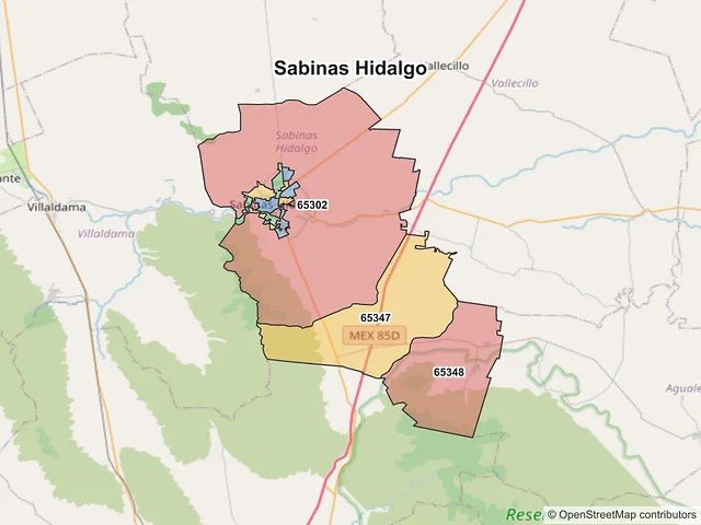 Mapa de códigos postales de Sabinas Hidalgo, Nuevo León