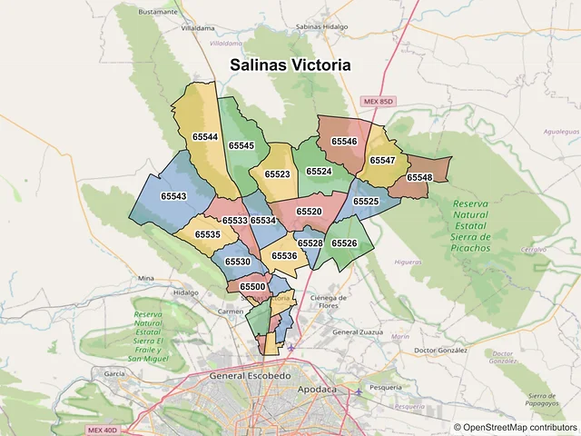 Mapa de códigos postales de Salinas Victoria, Nuevo León