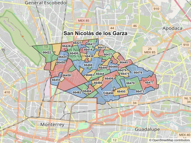 Mapa de códigos postales de San Nicolás de los Garza, Nuevo León