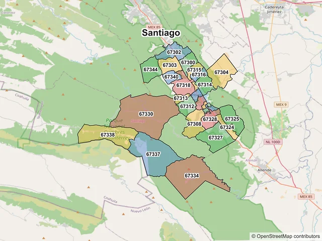Mapa de códigos postales de Santiago, Nuevo León
