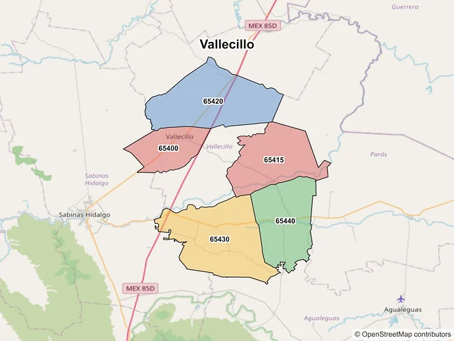 Mapa de códigos postales de Vallecillo, Nuevo León