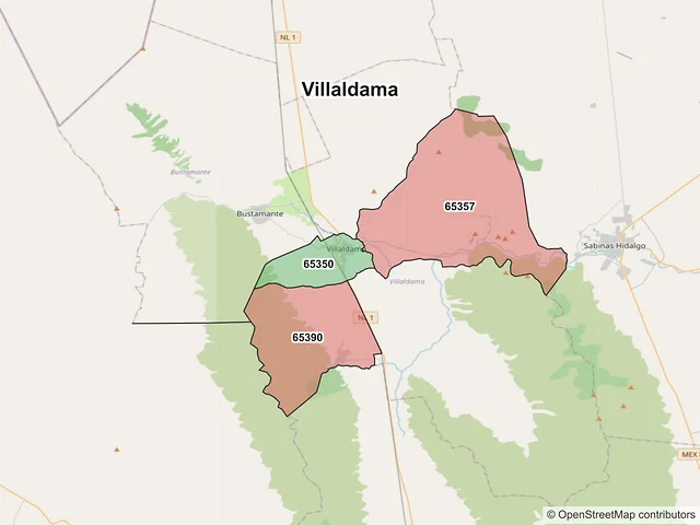 Mapa de códigos postales de Villaldama, Nuevo León