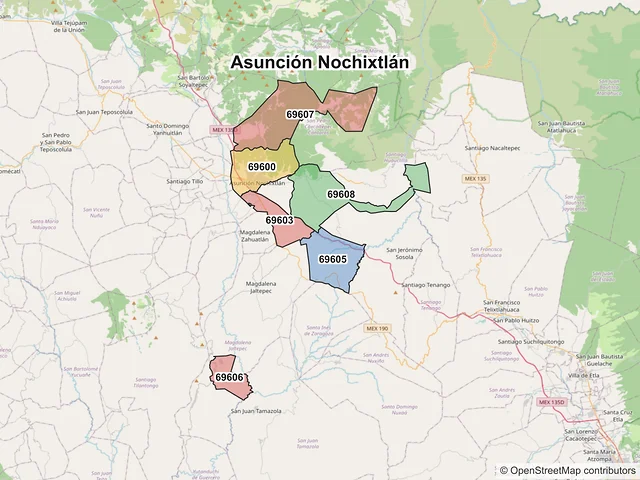 Mapa de códigos postales de Asunción Nochixtlán, Oaxaca