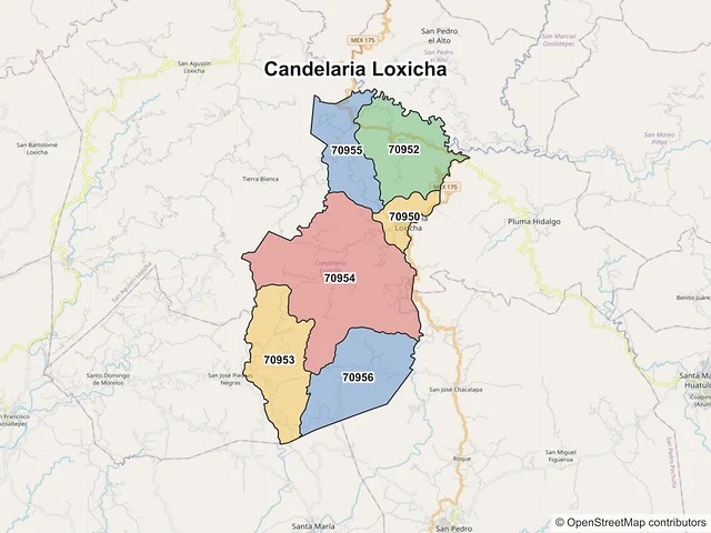 Mapa de códigos postales de Candelaria Loxicha, Oaxaca