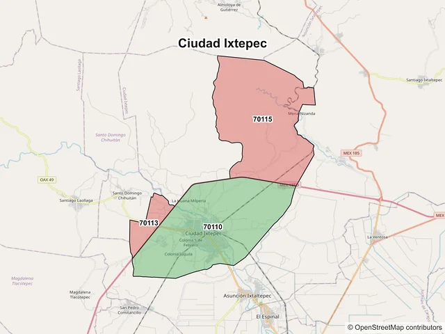 Mapa de códigos postales de Ciudad Ixtepec, Oaxaca