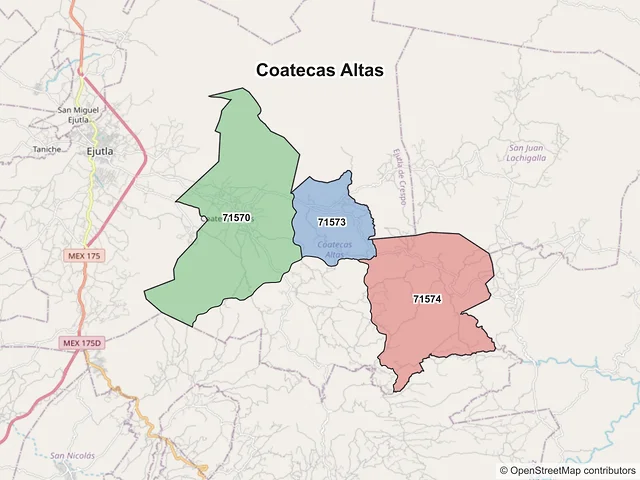Mapa de códigos postales de Coatecas Altas, Oaxaca