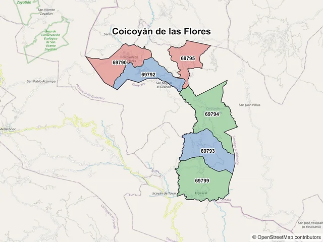 Mapa de códigos postales de Coicoyán de las Flores, Oaxaca