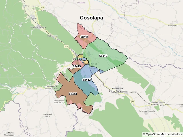 Mapa de códigos postales de Cosolapa, Oaxaca