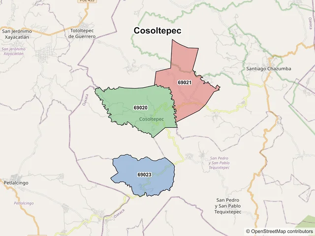 Mapa de códigos postales de Cosoltepec, Oaxaca