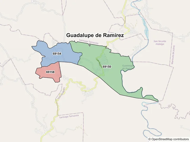 Mapa de códigos postales de Guadalupe de Ramírez, Oaxaca