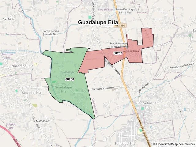 Mapa de códigos postales de Guadalupe Etla, Oaxaca
