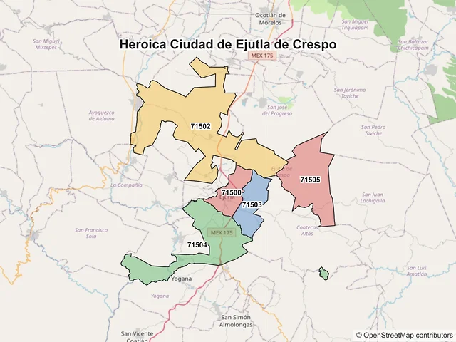 Mapa de códigos postales de Heroica Ciudad de Ejutla de Crespo, Oaxaca