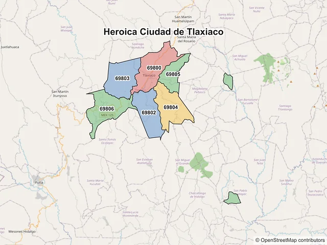Mapa de códigos postales de Heroica Ciudad de Tlaxiaco, Oaxaca