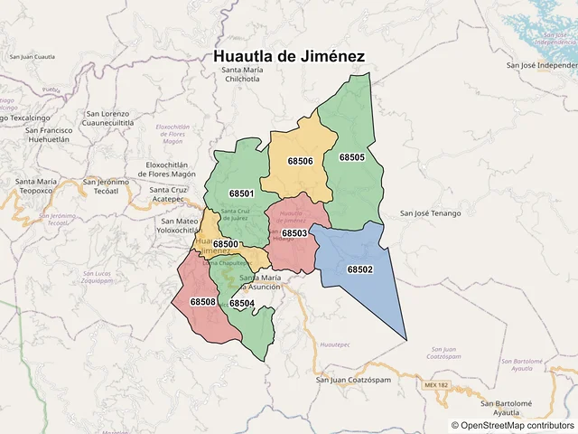 Mapa de códigos postales de Huautla de Jiménez, Oaxaca