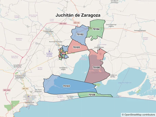 Mapa de códigos postales de Juchitán de Zaragoza, Oaxaca