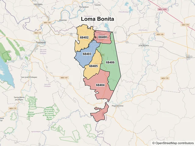 Mapa de códigos postales de Loma Bonita, Oaxaca