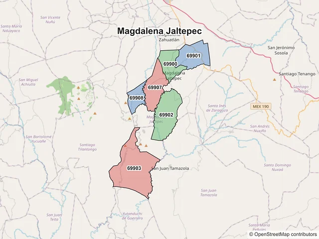 Mapa de códigos postales de Magdalena Jaltepec, Oaxaca