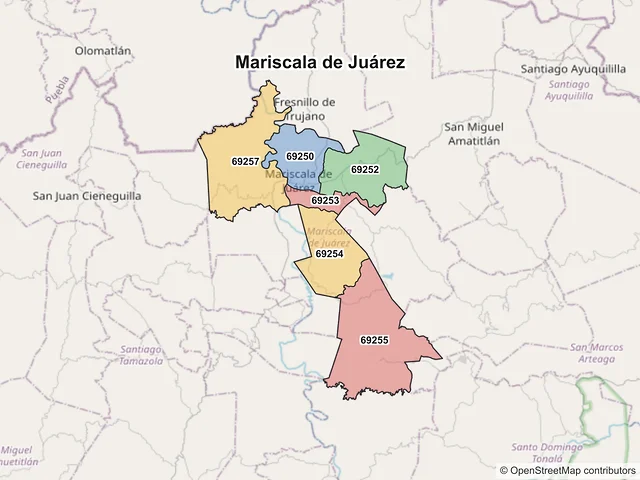 Mapa de códigos postales de Mariscala de Juárez, Oaxaca