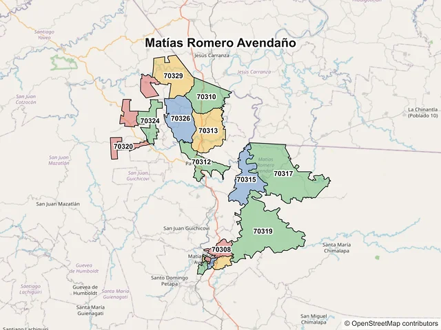 Mapa de códigos postales de Matías Romero Avendaño, Oaxaca