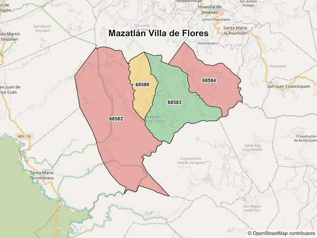 Mapa de códigos postales de Mazatlán Villa de Flores, Oaxaca