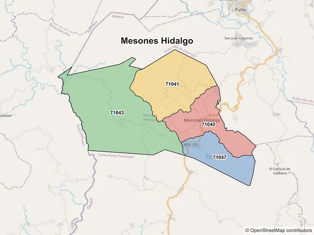 Mapa de códigos postales de Mesones Hidalgo, Oaxaca