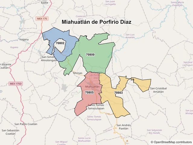 Mapa de códigos postales de Miahuatlán de Porfirio Díaz, Oaxaca