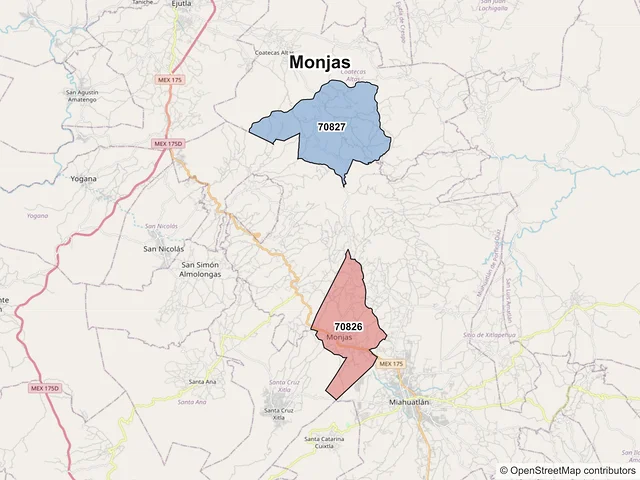 Mapa de códigos postales de Monjas, Oaxaca