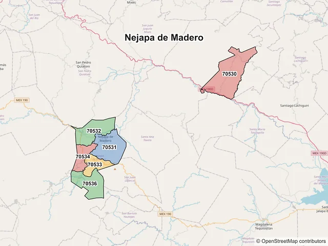 Mapa de códigos postales de Nejapa de Madero, Oaxaca