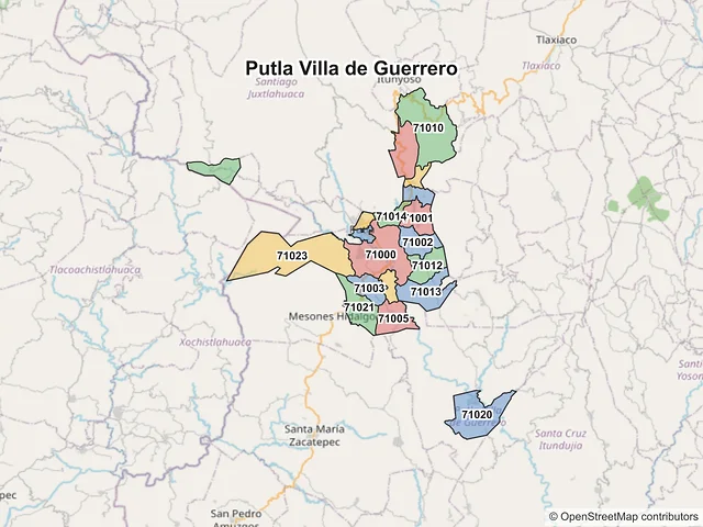 Mapa de códigos postales de Putla Villa de Guerrero, Oaxaca
