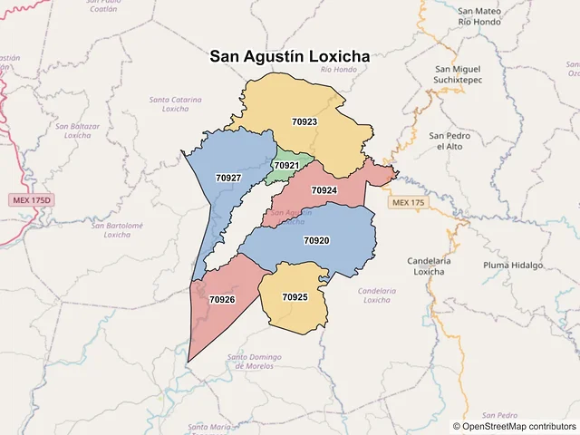 Mapa de códigos postales de San Agustín Loxicha, Oaxaca