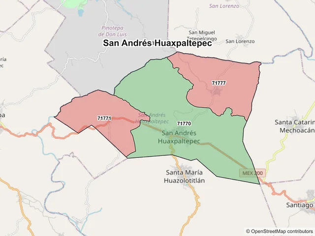 Mapa de códigos postales de San Andrés Huaxpaltepec, Oaxaca