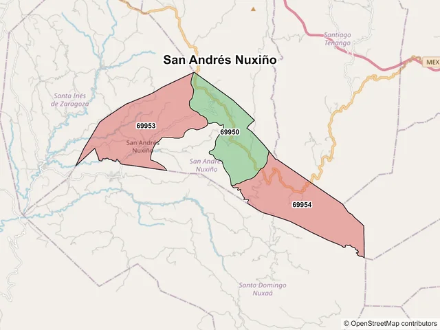 Mapa de códigos postales de San Andrés Nuxiño, Oaxaca