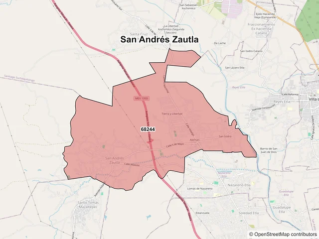 Mapa de códigos postales de San Andrés Zautla, Oaxaca
