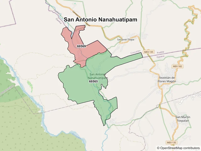 Mapa de códigos postales de San Antonio Nanahuatípam, Oaxaca