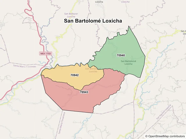 Mapa de códigos postales de San Bartolomé Loxicha, Oaxaca