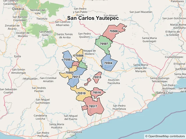 Mapa de códigos postales de San Carlos Yautepec, Oaxaca