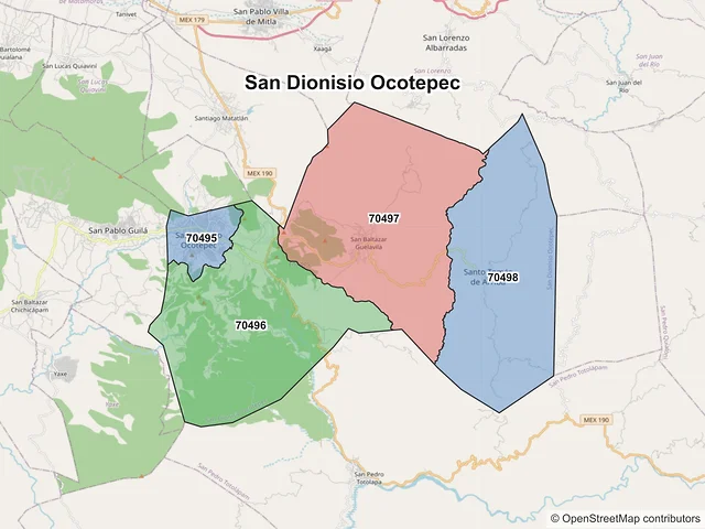 Mapa de códigos postales de San Dionisio Ocotepec, Oaxaca