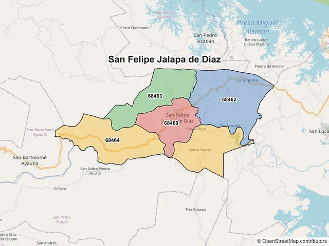Mapa de códigos postales de San Felipe Jalapa de Díaz, Oaxaca