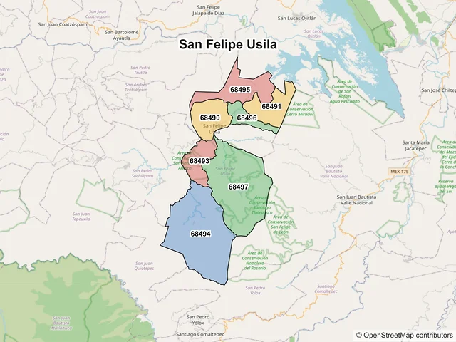 Mapa de códigos postales de San Felipe Usila, Oaxaca
