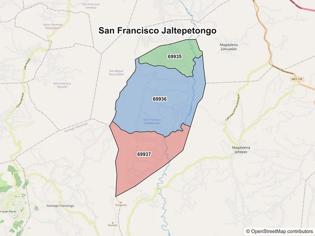 Mapa de códigos postales de San Francisco Jaltepetongo, Oaxaca