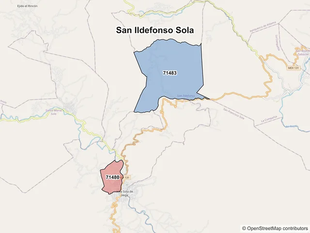 Mapa de códigos postales de San Ildefonso Sola, Oaxaca